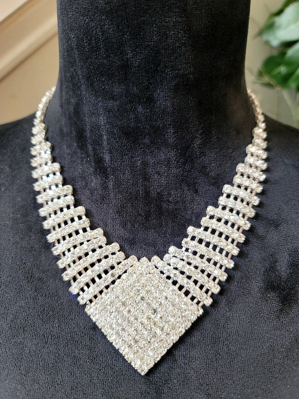 Vintage Rhinestone Statement Necklace & Earring Set Silver Tone Bridal Glam